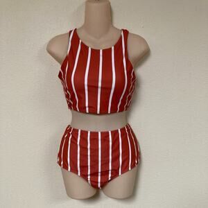 Two Piece Swim Bathing Suit Size Large Rust & Milk Color Stripe NWOT